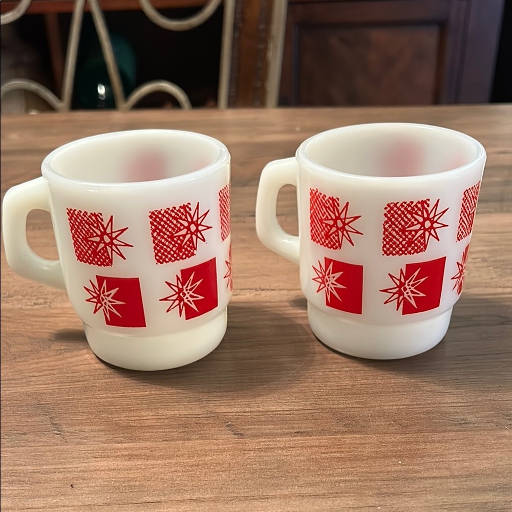 Set of 2 Vintage Fire King red atomic starburst coffee mug RARE